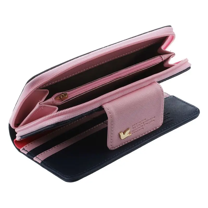 Женский клатч кошелек с длинной молнией из искусственной кожи розового и синего