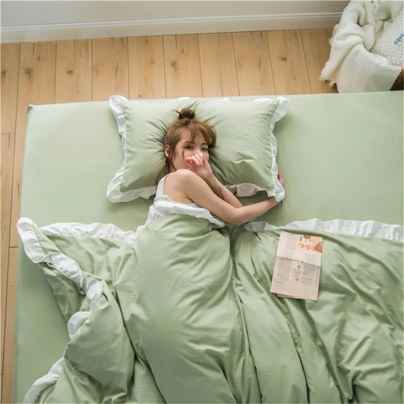 

High Quality Washed Cotton Bedding Set Ruffles Duvet Cover Flat Sheet Pillowcase AB Side Home Linens 3/4pcs Bedclothes Princess