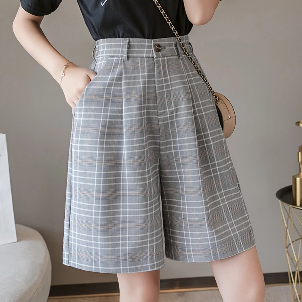 

Fashion Summer Plaid Shorts For Women Plus Size Loose High Elastic Waist Casual Wide Leg Shorts Five Point Pants