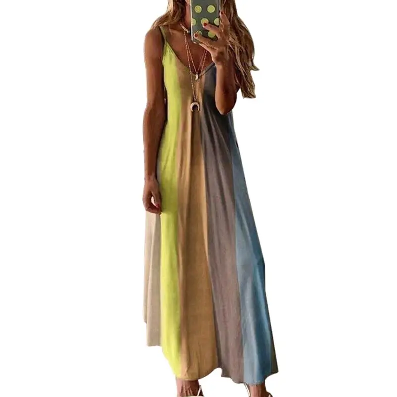 

Women Spaghetti Strap Maxi Sling Dress Tie-Dye Stripes V-Neck Flowy Sundress 5XL Y1QD