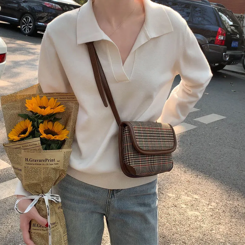 Пуловер женский трикотажный с отворотом и длинным рукавом Осень-зима | Женская