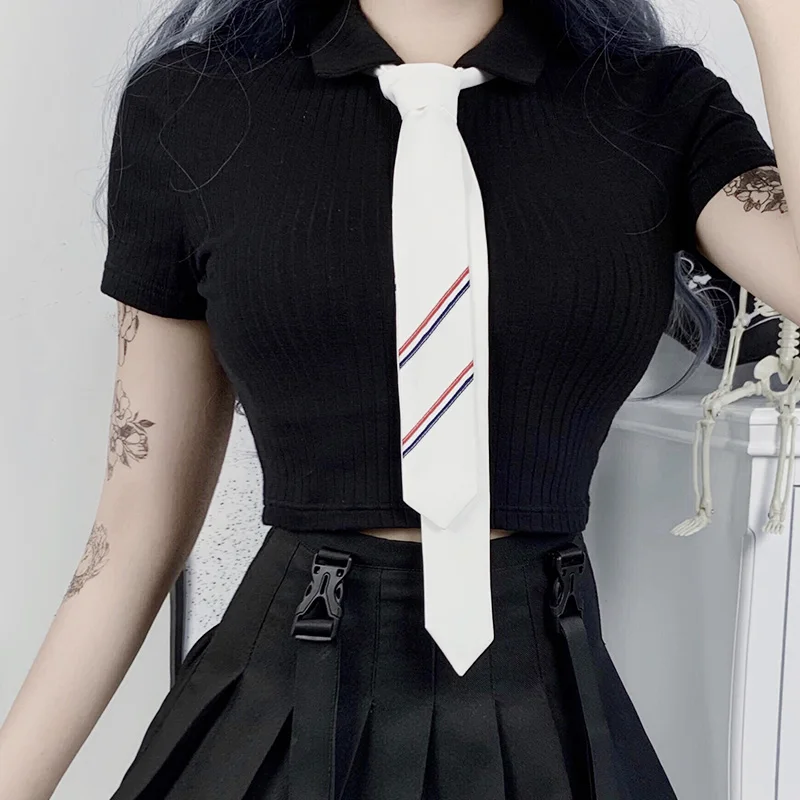 InsGoth винтажные однотонные черные облегающие рубашки поло для женщин Harajuku уличная