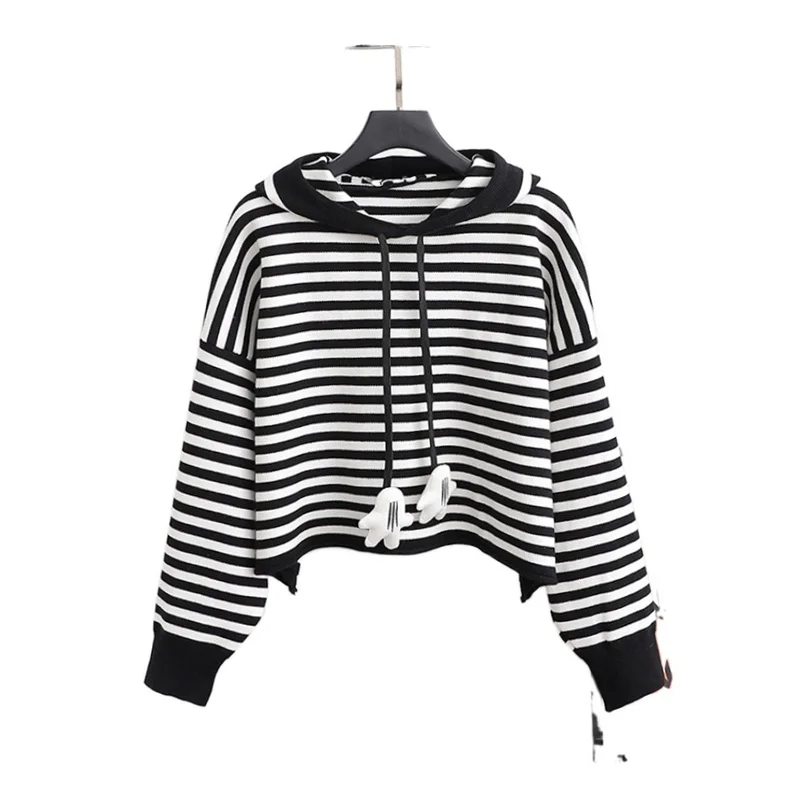 

Striped Knitted Women Crop Hoodies Drawstring Short Hooded Sweatshirt 2021 Winter Long Sleeve Female Cotton Casual Pullover