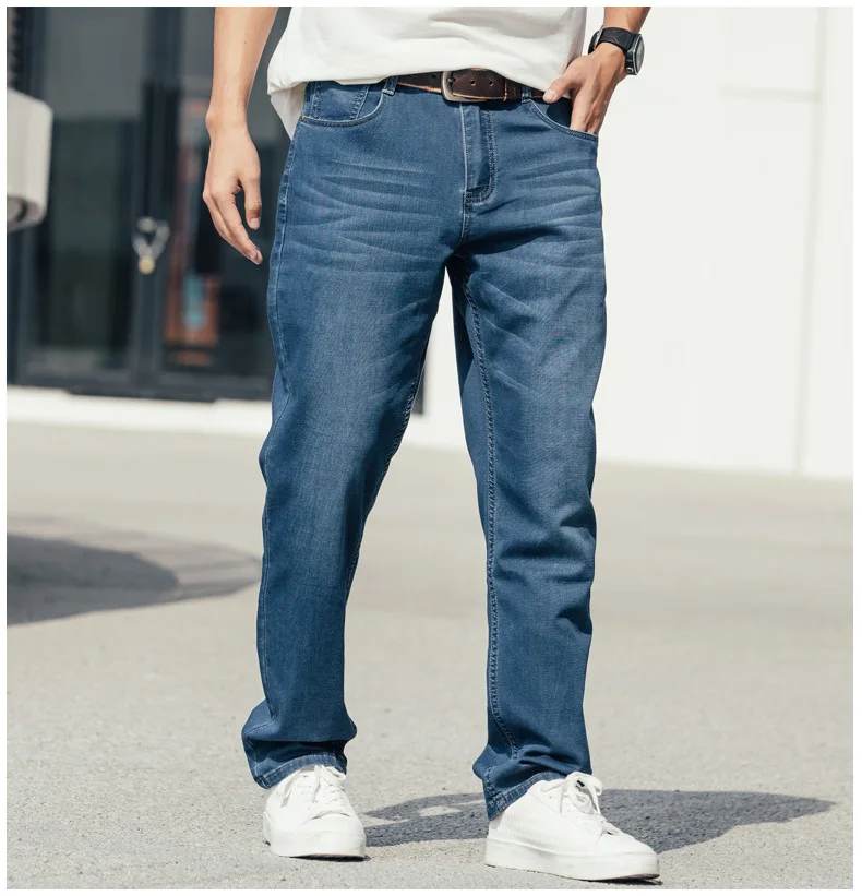 Summer Thin Section Men's Jeans Straight Large Size Loose Elastic Force Denim Pants Hip Hop Leisure Streetwear Blue Trousers