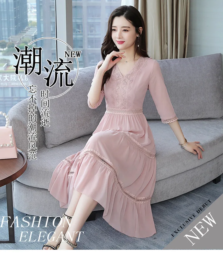 

2019 New Arrival Women Chiffon Dress Female Summer Half Sleeve V-Neck Dresses Splice Loose Dresses Long plus Size Vestidos Mujer