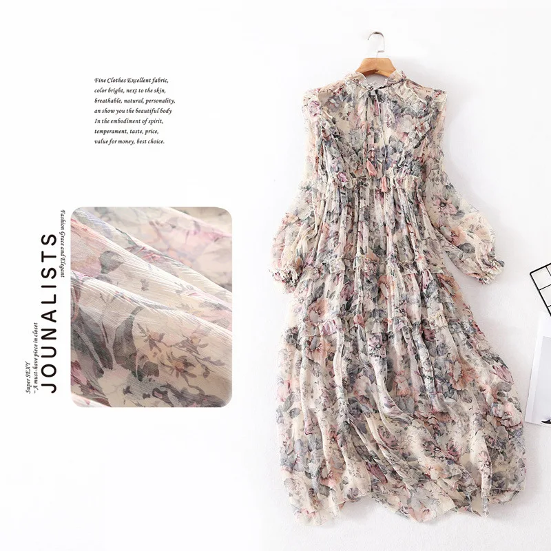 

Женское платье из 2021 шелка, с цветочным принтом, с длинным рукавом, весна-лето, Pph3360, 100%