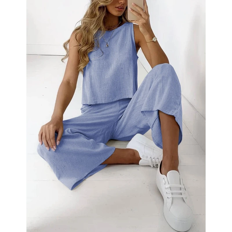 

WEPBEL Women's Casual Solid Color Loose Suit Summer Fashion High Waist Wide Leg Pants + Sleeveless O-Neck Vest Suit