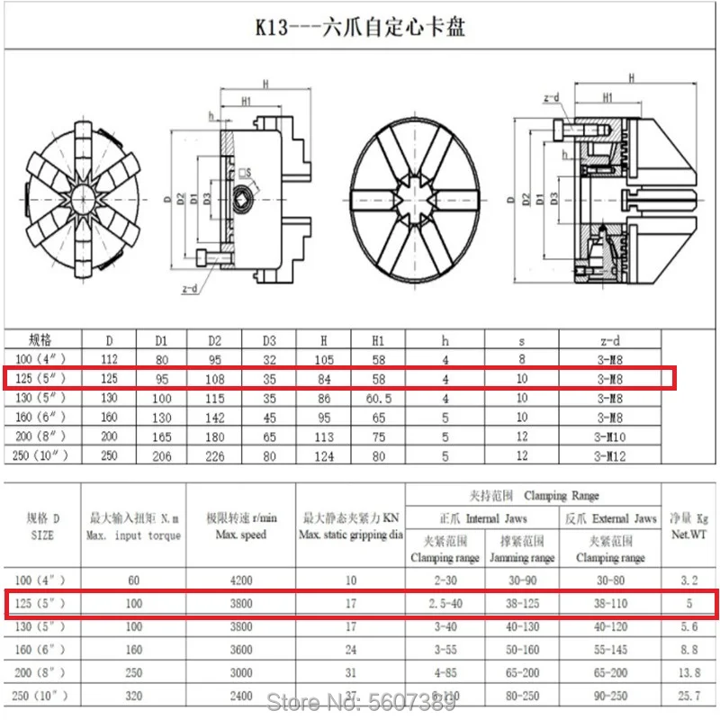 San ou K13-125 Высокоточный токарный патрон 125 мм 5-дюймовый шестикулачковый из