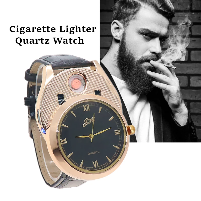 Часы мужские с зажигалкой модные перезаряжаемые USB часы беспламенным кожаным