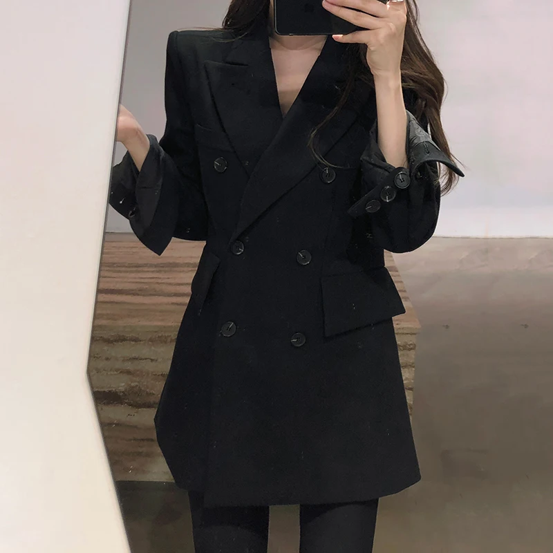 Женское двубортное пальто [EWQ] белое повседневное свободного покроя с отложным