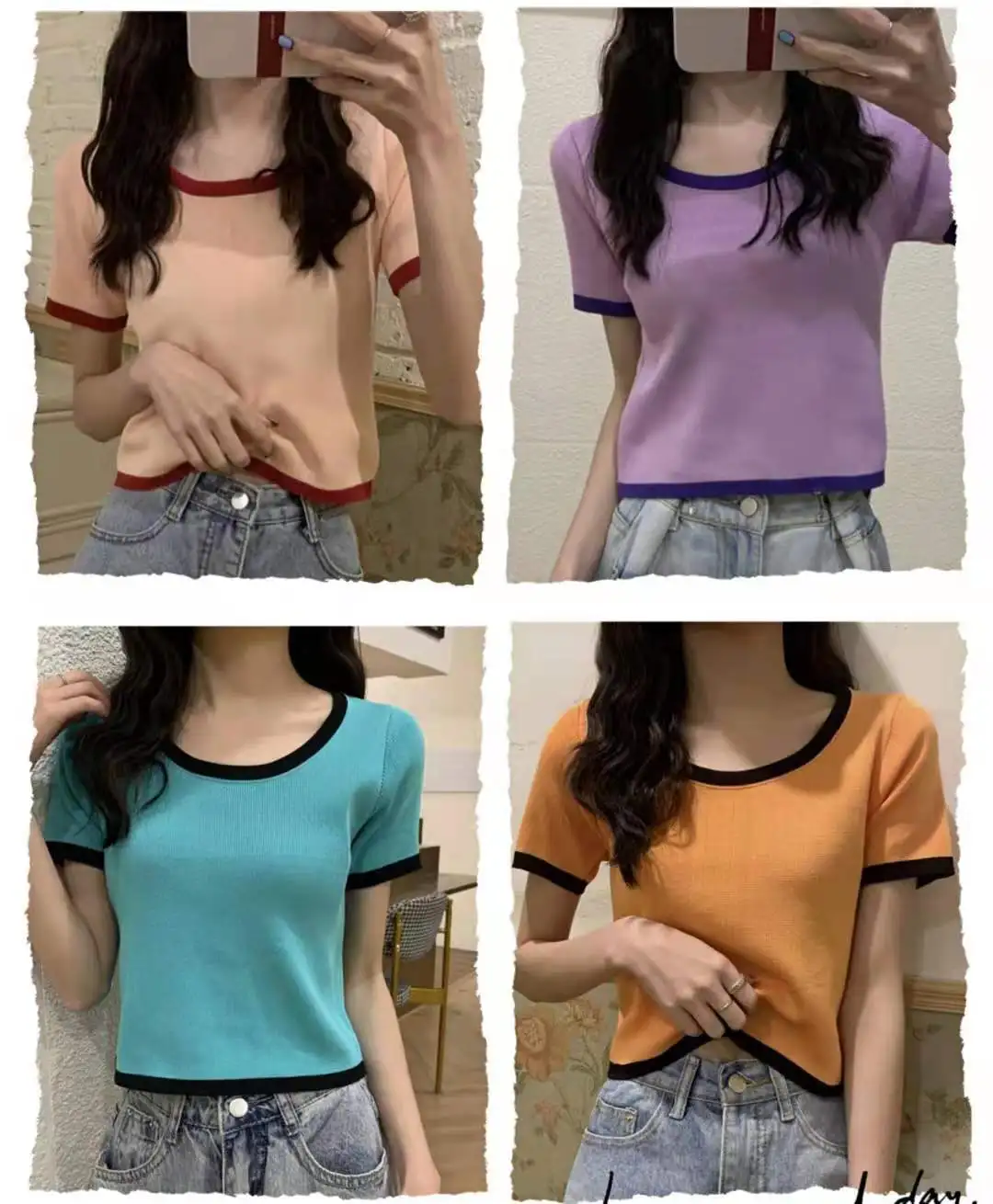 Женская трикотажная футболка с коротким рукавом из вискозы в Корейском стиле |