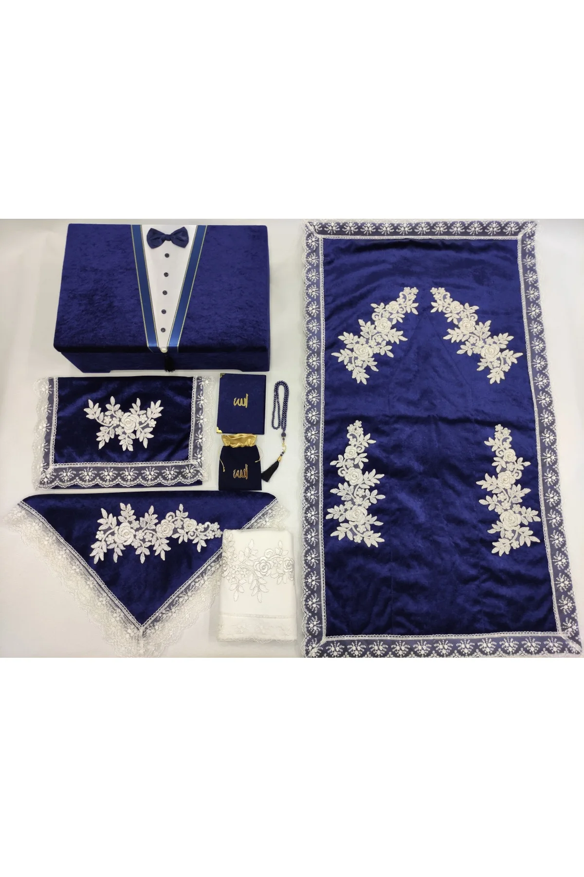 Muslim Islamic Navy Blue 8 Parça Sandıklı Prayer Rug Set Velvet Groom Bundle Set