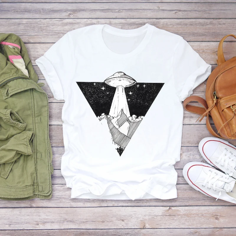 

Women Cartoon UFO Alien Mountain Style Fashion Clothing Summer Shirt T-shirts Top T Graphic Female Ladies Womens Tee T-Shirt