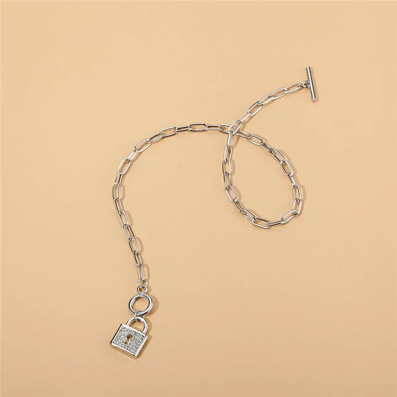 

TIMEONLY Hyperbole Alloy Lock Bling CZ Zirconia Pendant Necklace Hollow Chunky Cuban Chain Necklaces for Women Lady Accessories