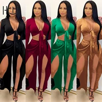pure color fashion womens lace up hollow out long sleeved split bandage two piece suits elastic wide leg pants sets streetwear