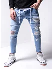 Мужские брюки-Карандаш Slim fit отверстия на коленях в стиле хип-хоп Модные узкие джинсы модные сторона белая полоса потертые рваные стрейч уличная одежда из джинсовой ткани