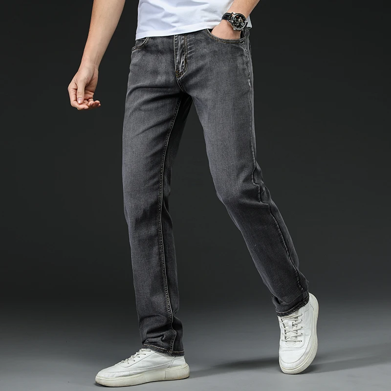 

2021 New Men Smoky Gray Business Casual Jeans Plus Size 42 44 46 Stretch Straight Denim Pants Male Spring Brand Cowboy Trousers