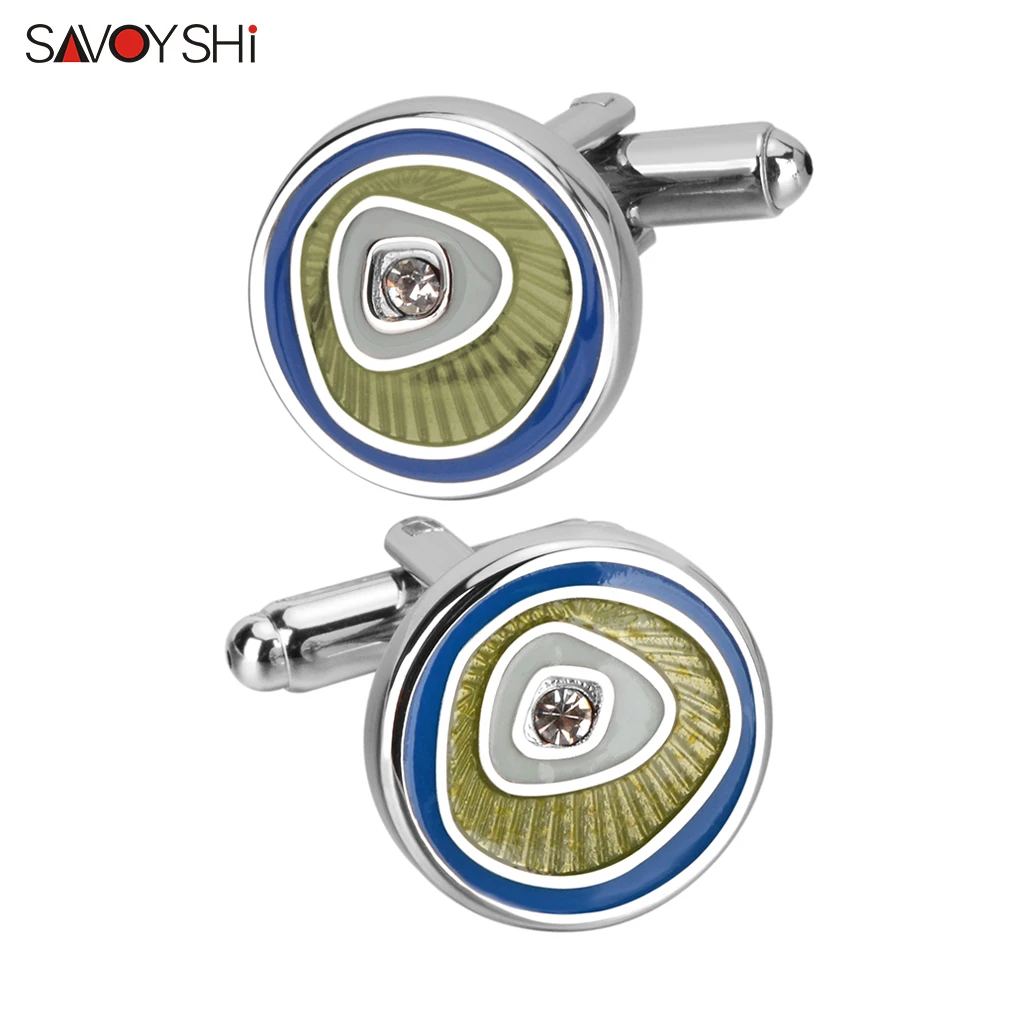 

SAVOYSHI Round Enamel Cufflinks for Mens Tuxedo Shirt Cuff buttons Crystal Cuff links Wedding Gift Free Engraving Name