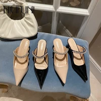 pointed rhinestone hollow slip on sandals summer pearl flats women slippers leather bling sexy slides party wedding shoes pumps