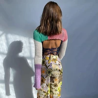 patchwork cardigan splicing color long sleeve cropped tops hollow out casual y2k knitted harajuku streetwear sweater women sexy