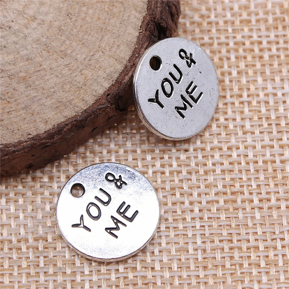 

free shipping 34pcs 15x15mm antique silver You and me YOU&ME charms diy retro jewelry fit Earring keychain hair card pendant