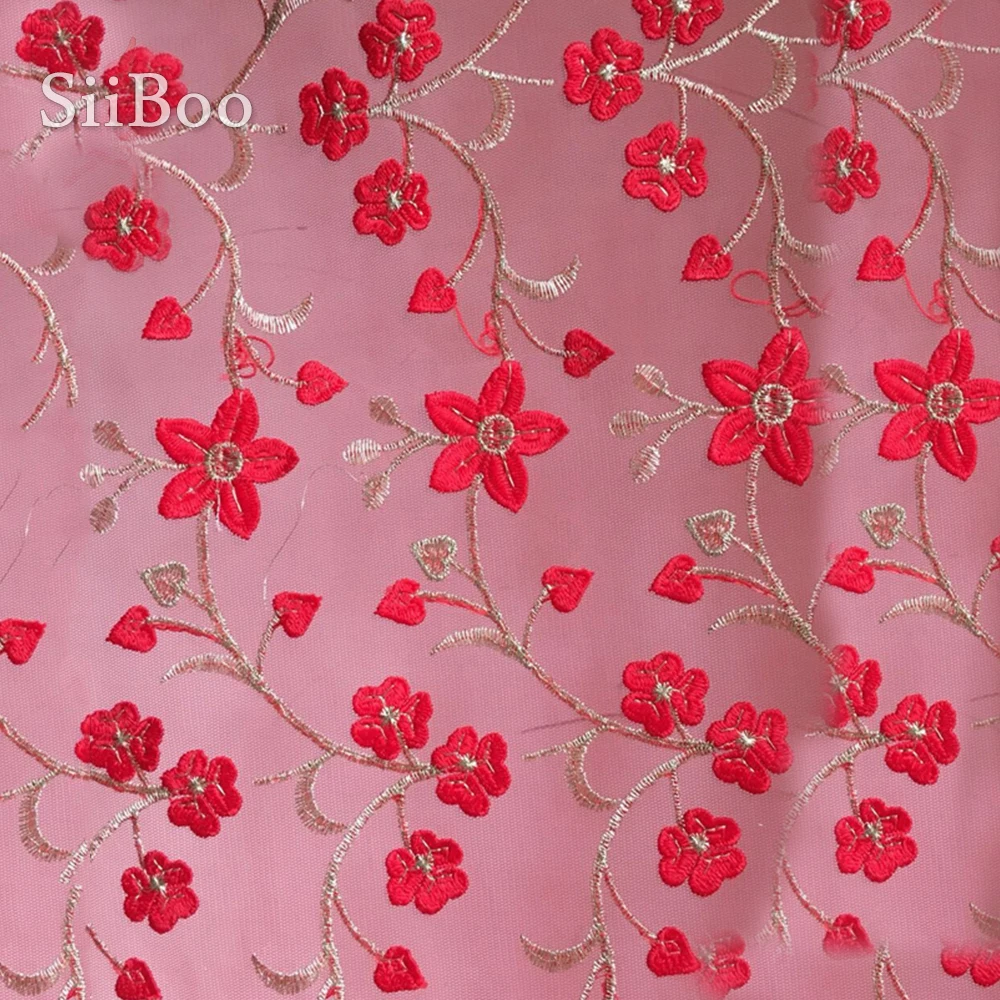 Красный Тисненый Цветочный вышитый сетчатый кружевной материал одежда для