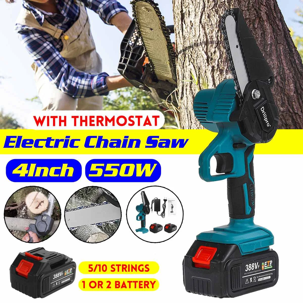 

4 Inch 3000 RPM Electric Saws 30000 Mah Rechargeable Chainsaw Pruning Saw Woodworking Power Tool with 1/2PC 388Vf Battery