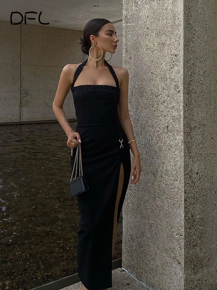 

DFLlifes Halter Women's Dress Backless High Split Solid Party Elegant Dresses for Woman Casual Sexy Spring Summer Slim Robe 2022