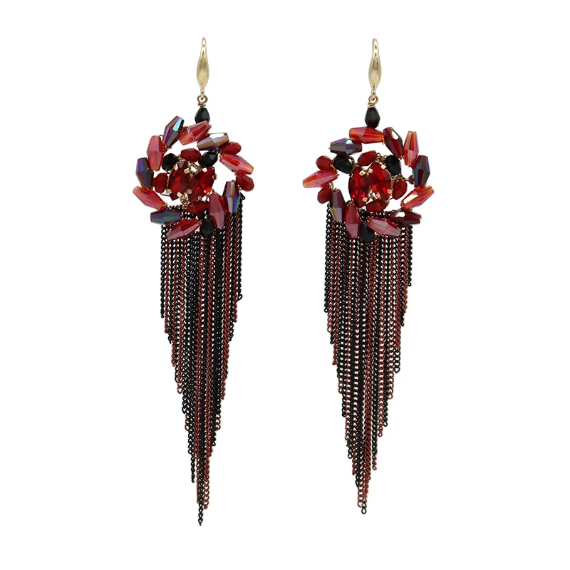 

New Style Crystal Beads Earrings Metal Chain Tassel Long Dangle Earrings For Women Hand Made Bohemian Fashion Jewelry