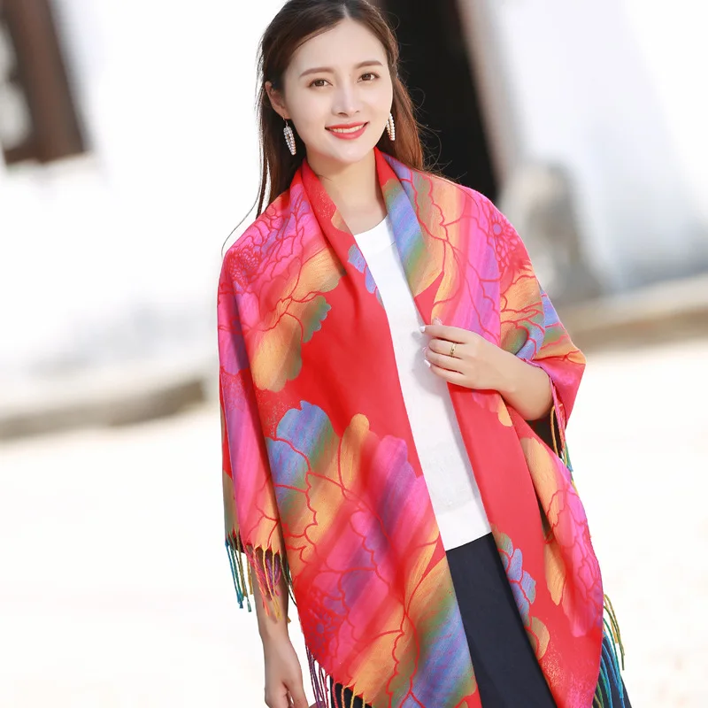 

Жаккардовый фуляр с кисточками в этническом ретро стиле, многоцветная шаль, большой квадратный шарф из искусственного кашемира, шали для ве...