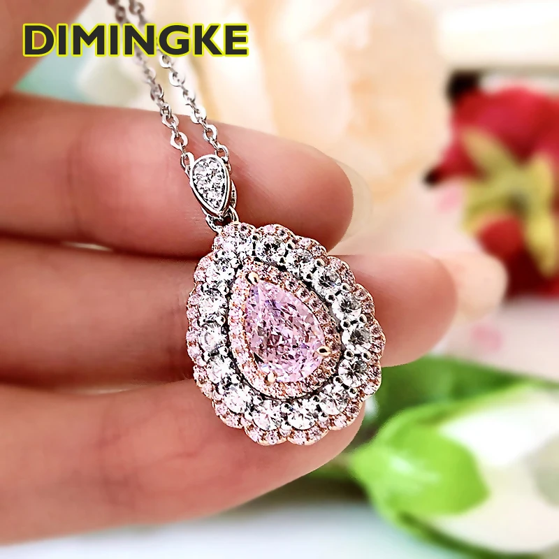 

DIMINGKE 7*9MM Water Drop Pink Diamond Silver Necklace S925 Sterling Silver Pendant Wedding Birthday Party Woman Jewelry Gift