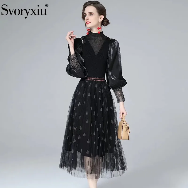 

Svoryxiu Fashion Woman Autumn Elegant Midi Skirt Suit O-Neck Pleated Lantern Sleeve Top + Net Yarn Heart Print Skirt 2-Piece Set