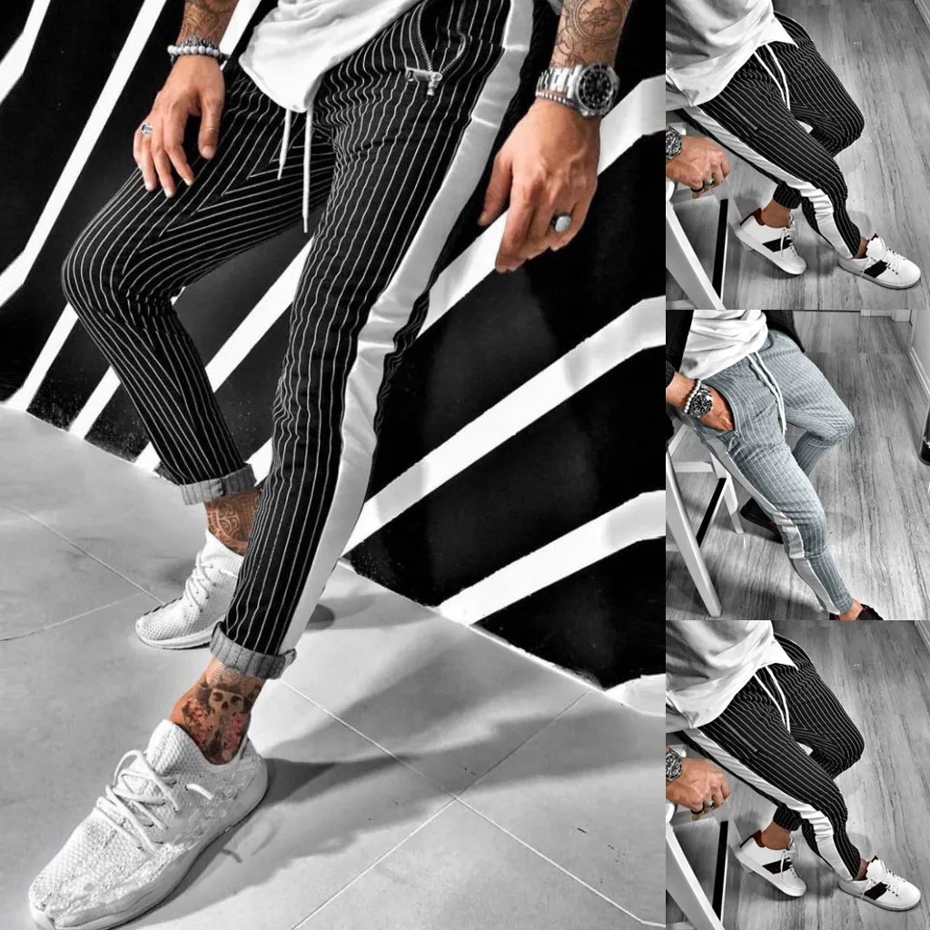 Мужские длинные брюки с карманами повседневные облегающие в черно белую полоску
