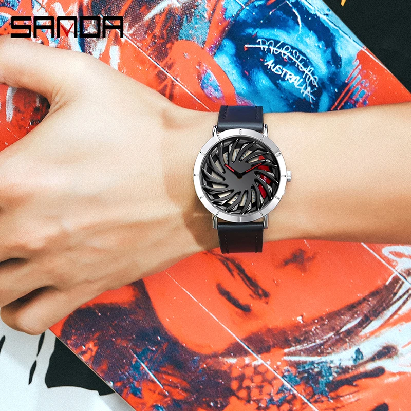 

SANDA Luxury Brand Mens Watch Military Sport Hollow out Leather Men Quartz Watch Fashion Wristwatch Clock relogio feminino