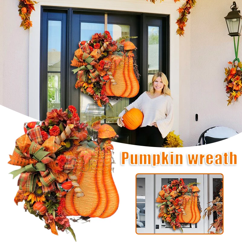 

Orange Big Pumpkin Hydrangea Wreath Front Door Hanging Ornament Halloween Thanksgiving Decoration Rattan Fall Decor