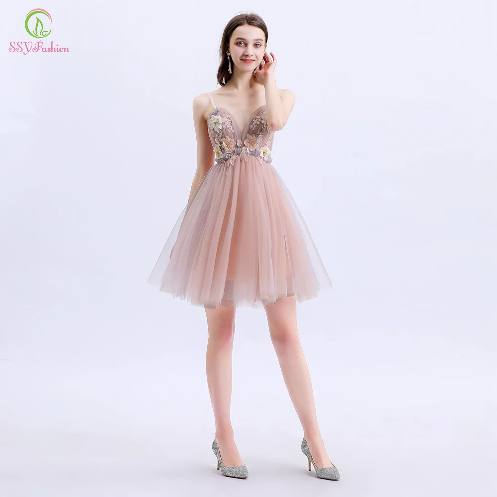 SSYFashion/Новые коктейльные платья, милые розовые кружевные платья до колен с v-образным вырезом и цветами с блестками, вечерние платья с бисером, Robe De Soiree