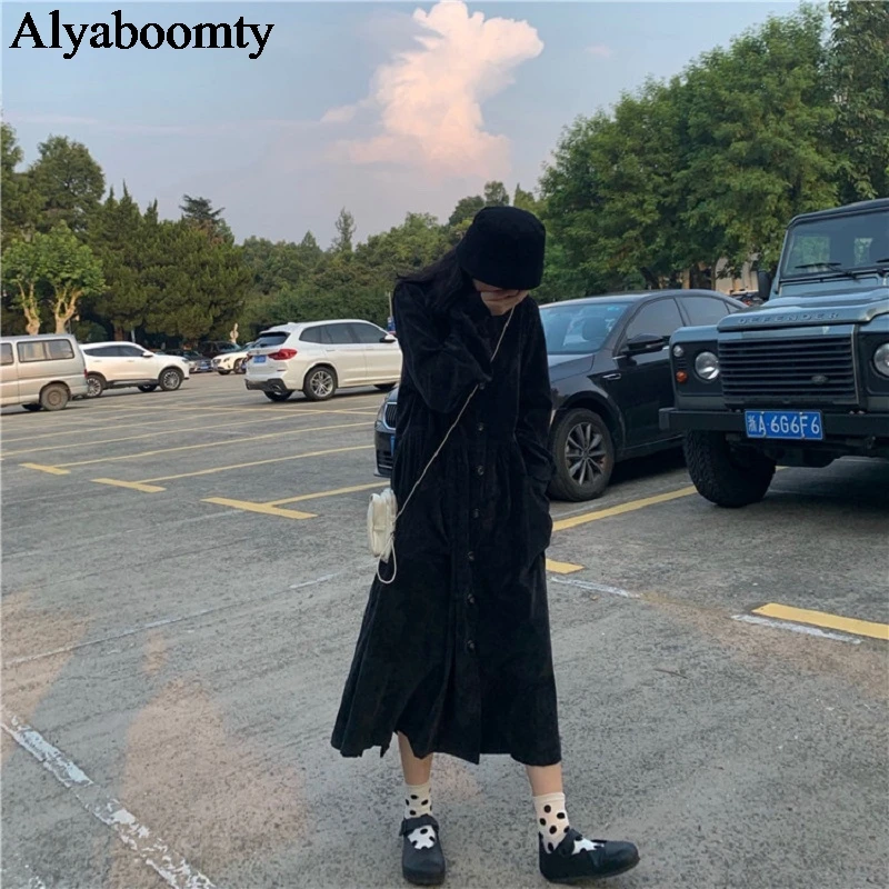 Корейский стиль Ulzzang женское длинное платье с v-образным вырезом черное хаки негабаритное свободное платье с разрезом винтажное вельветовое платье с рукавами-фонариками