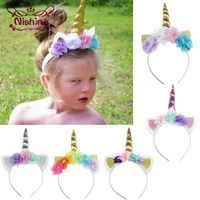 nishine new girls unicorn horn hairband chiffon mesh flowers children headwear birthday gifts photo props hair accessories