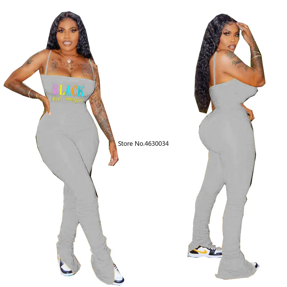 Летний женский черный комбинезон с надписью magic на тонких бретелях сексуальный