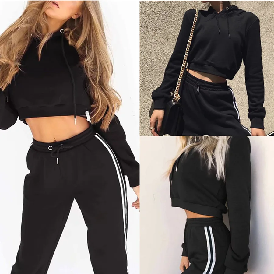 

DICLODU Casual Suit Women Fashion Long Sleeve Loose Hoodie + High Waist Stretch Striped Trousers Streetwear 2 Piece Set