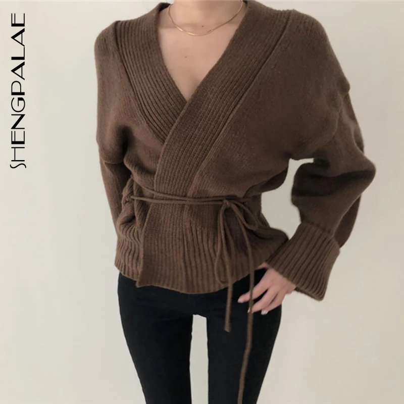 SHENGPALAE 2019 Autumn Winter Loose Chalaza Knitting Cardigan Women Long Sleeve V Collar Korean Fashion Sweater Woman FT032 |