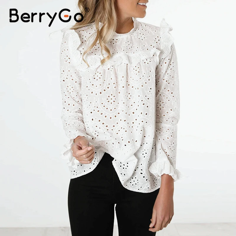 BerryGo открытая хлопковая белая блузка женская винтажная с рюшами весна лето