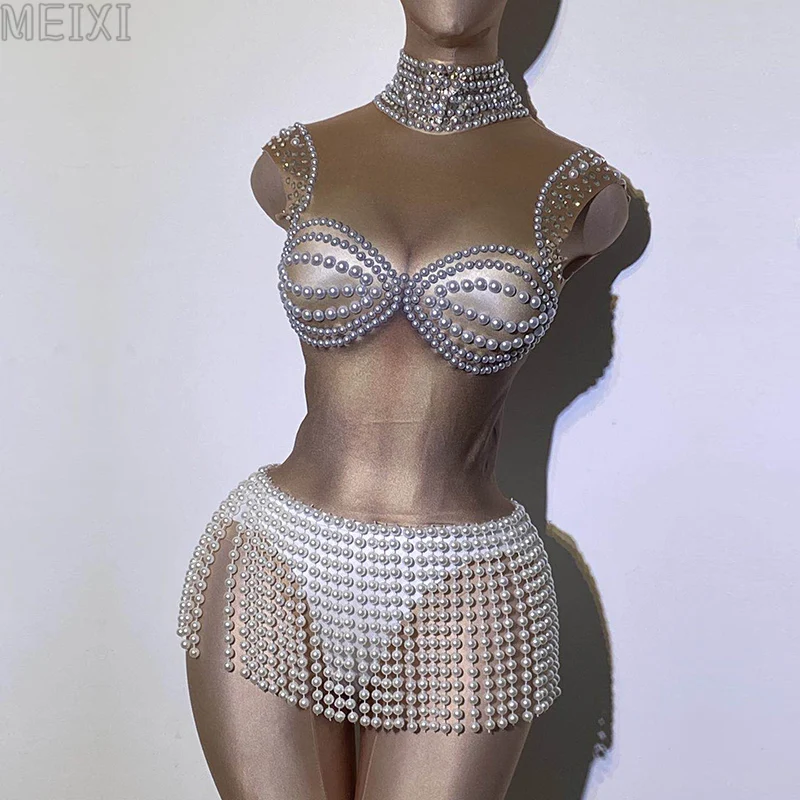 Растянуть белый жемчужный кисточкой комбинезон этапе костюм бар концерт DJ