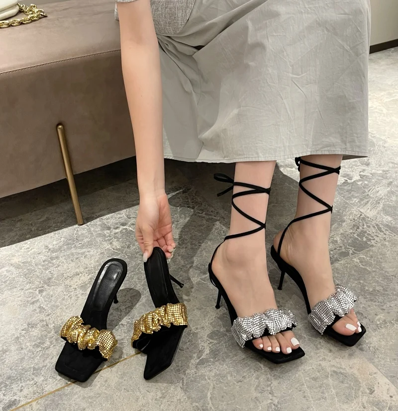 

Slippers Women Summer Luxury 2021 New Sexy Rhinestone Square Toe High Heel Sandals Woman Comfortable Plus Size Chaussure Femme
