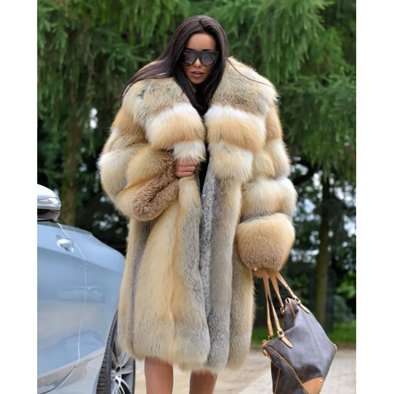 FURSARCAR Luxurious Big Collar Real Natrual Golden Fox Fur Jacket With Hood Plus Size Long Women Winter Fur Coat