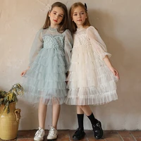autumn princess girl dress flower long sleeve birthday party wear elegant tulle children kids dresses for girls casual clothes