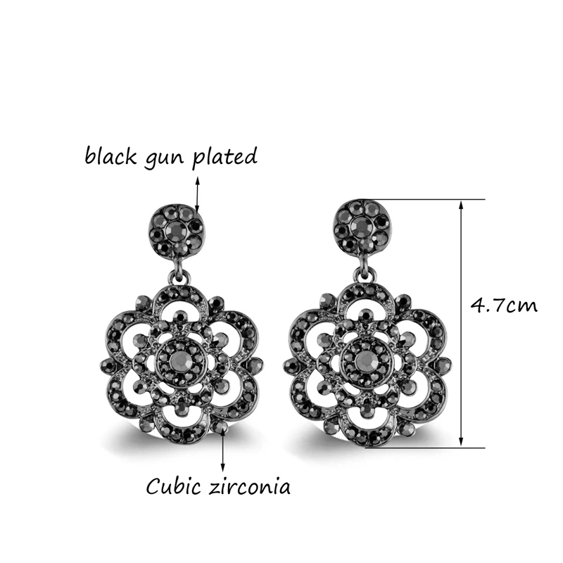 

LEEKER Vintage Hollow Flower Dangle Earrings Black Gun Silver Color Full Cubic Zirconia Big Earrings For Women Jewelry 055 LK8