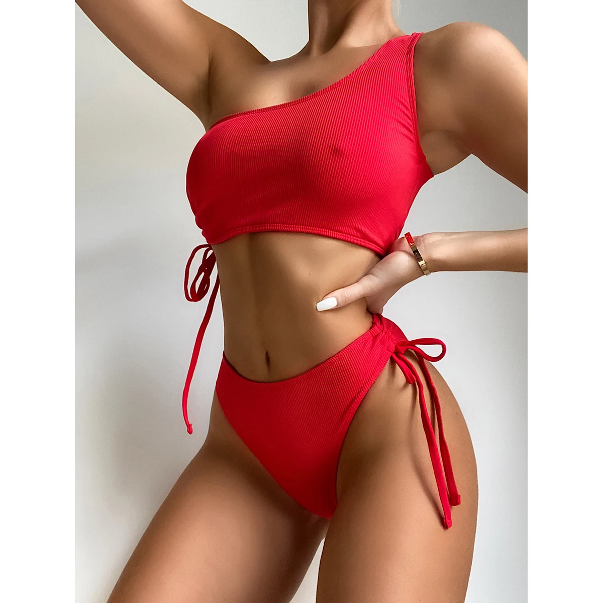 

Sexy Push Up Bikini Women Swimsuit 2021 One Shoulder Swimwear Red Bandage High Waisted Bikini Set Beachwear Bathing Suit