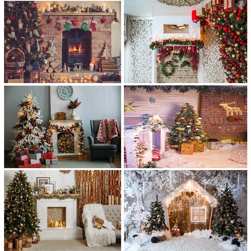 

Vinyl Custom Christmas Day Photography Backdrops Prop Christmas Tree Fireplace Photographic Background Cloth 21710CHM-014