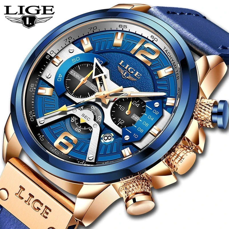 

LIGE 2021 New Chronograph Waterproof Quartz Watches Mens Top Brand Luxury Business Sport Leather Wrist Watch Men Montre Homme